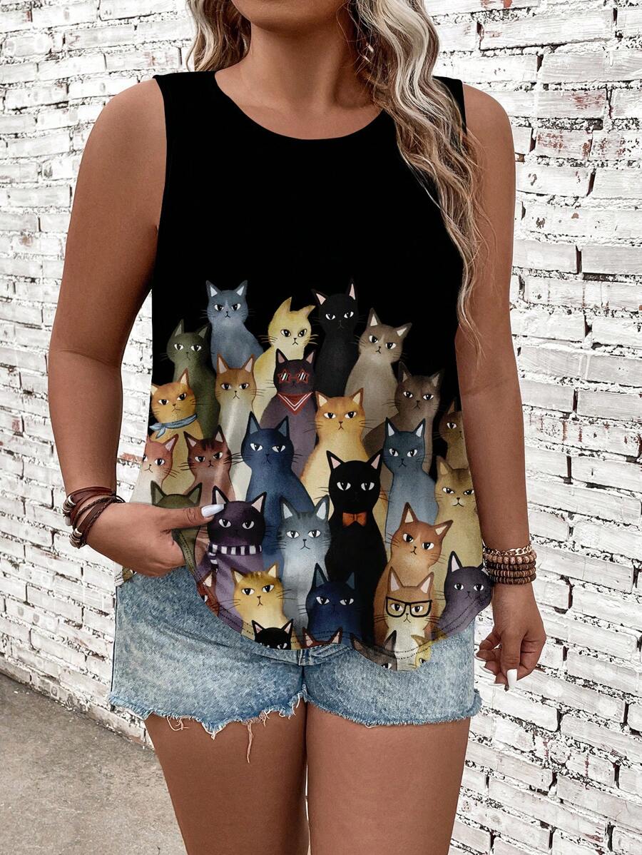 EMERY ROSE Parte superior de tirantes negra sin mangas con estampado de gato, de talla grande, casual, para verano
