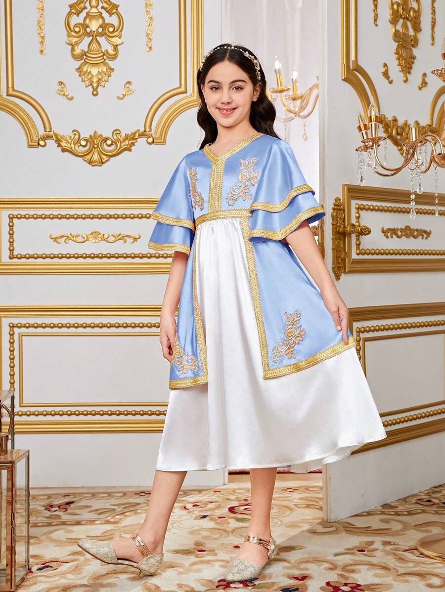 SHEIN Tween Girls' Fitted Dual-Layered Ruffle Sleeve V-Neck Floral Embroidery Dress