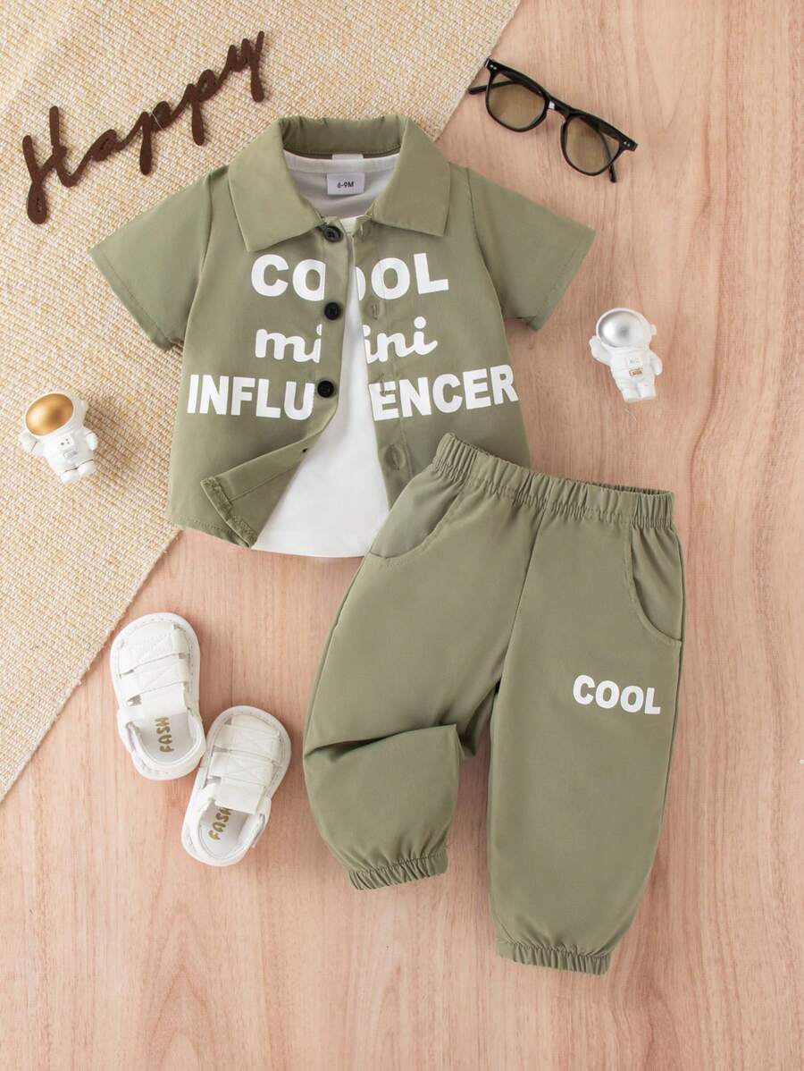 Baby Boy Fashionable Printed Plain Short Sleeve Shirt And Pants Set