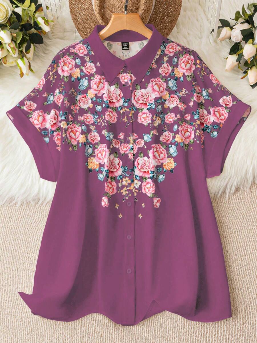 SHEIN LUNE Plus Size Floral Print Button Front Batwing Sleeve Shirt