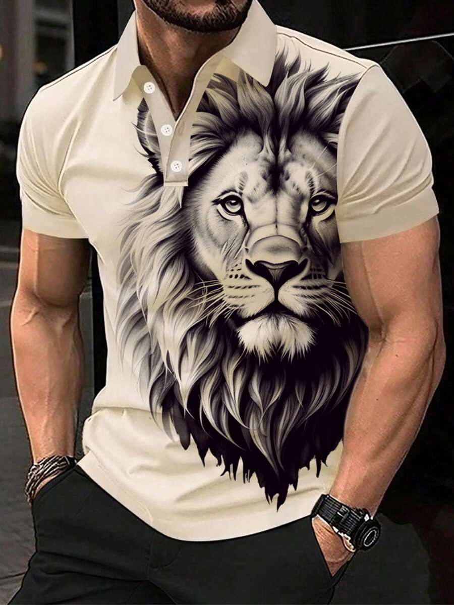 Manfinity LEGND Camisa Polo con botones y media tapeta con estampado de león para hombre, de manga corta, ideal para trabajo y vestir casual del día a día, un regalo para su novio en color caqui con cuello