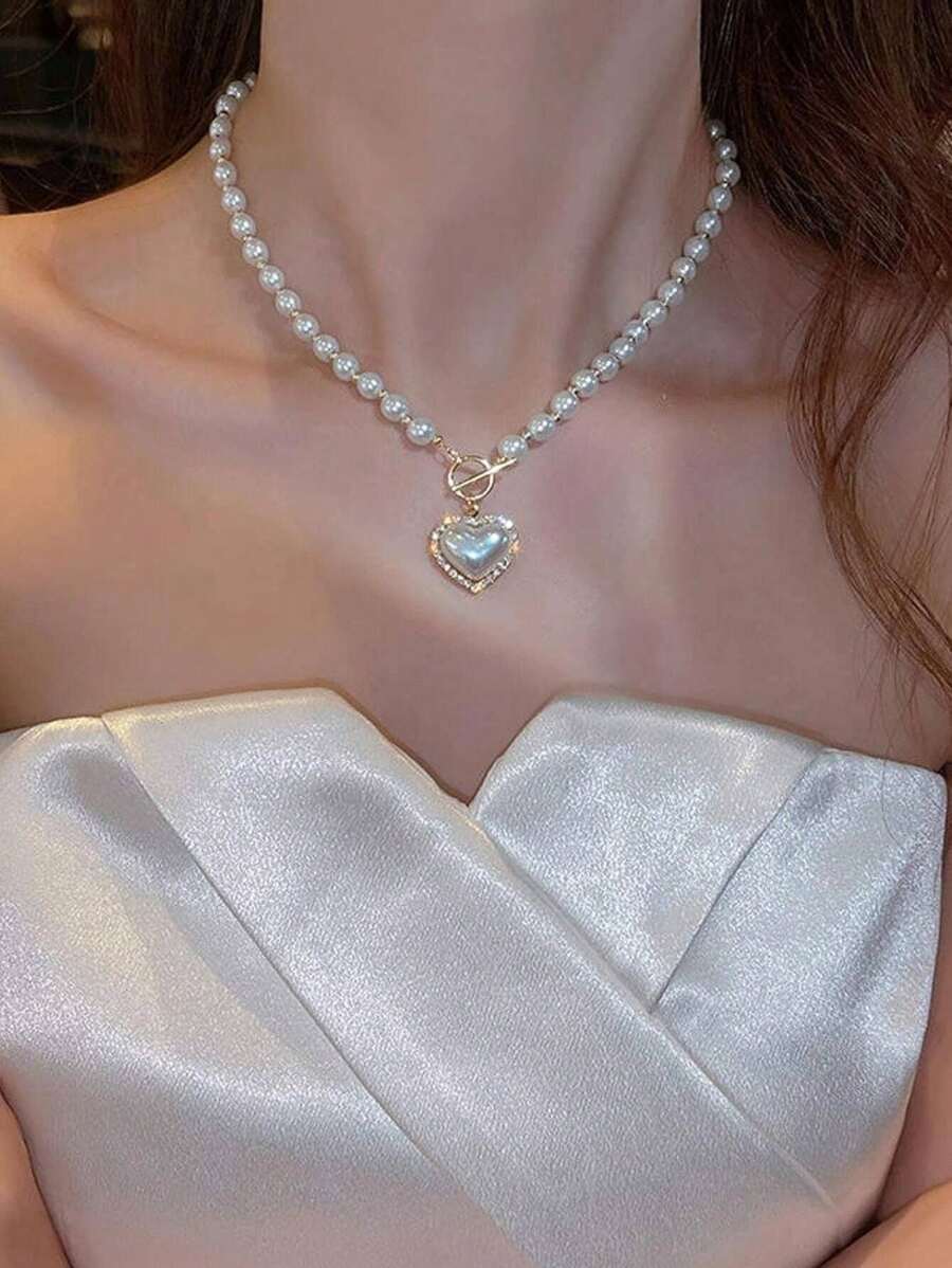 Collar con colgante de corazón con decoración de perlas falsas y hebilla OT, perfecto como regalo para el Día de San Valentín, Día de la Madre