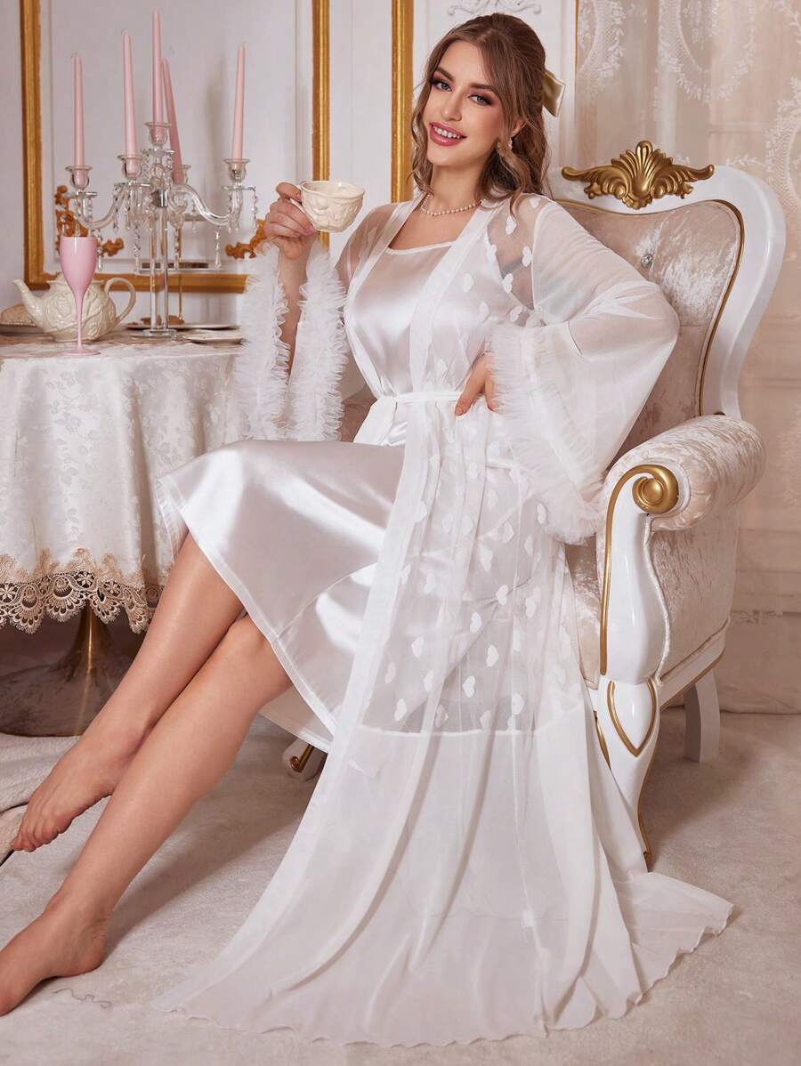 3d Lace Decor Heart Shaped Mesh Robe And Solid Color Satin Slip Dress, Pajama Set White Set, Vacation
