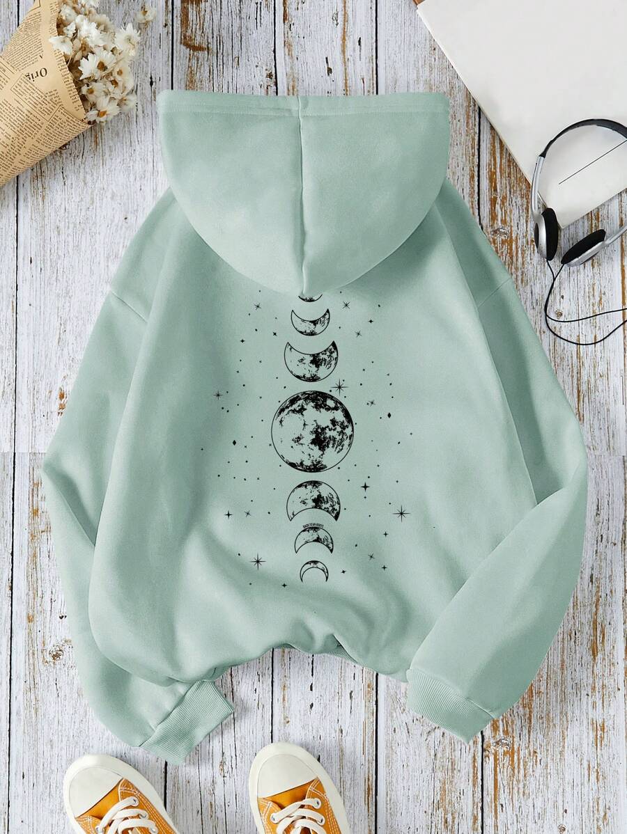 INAWLY Sudadera con capucha de manga larga con estampado de luna y escote caído para mujer, tops de manga larga