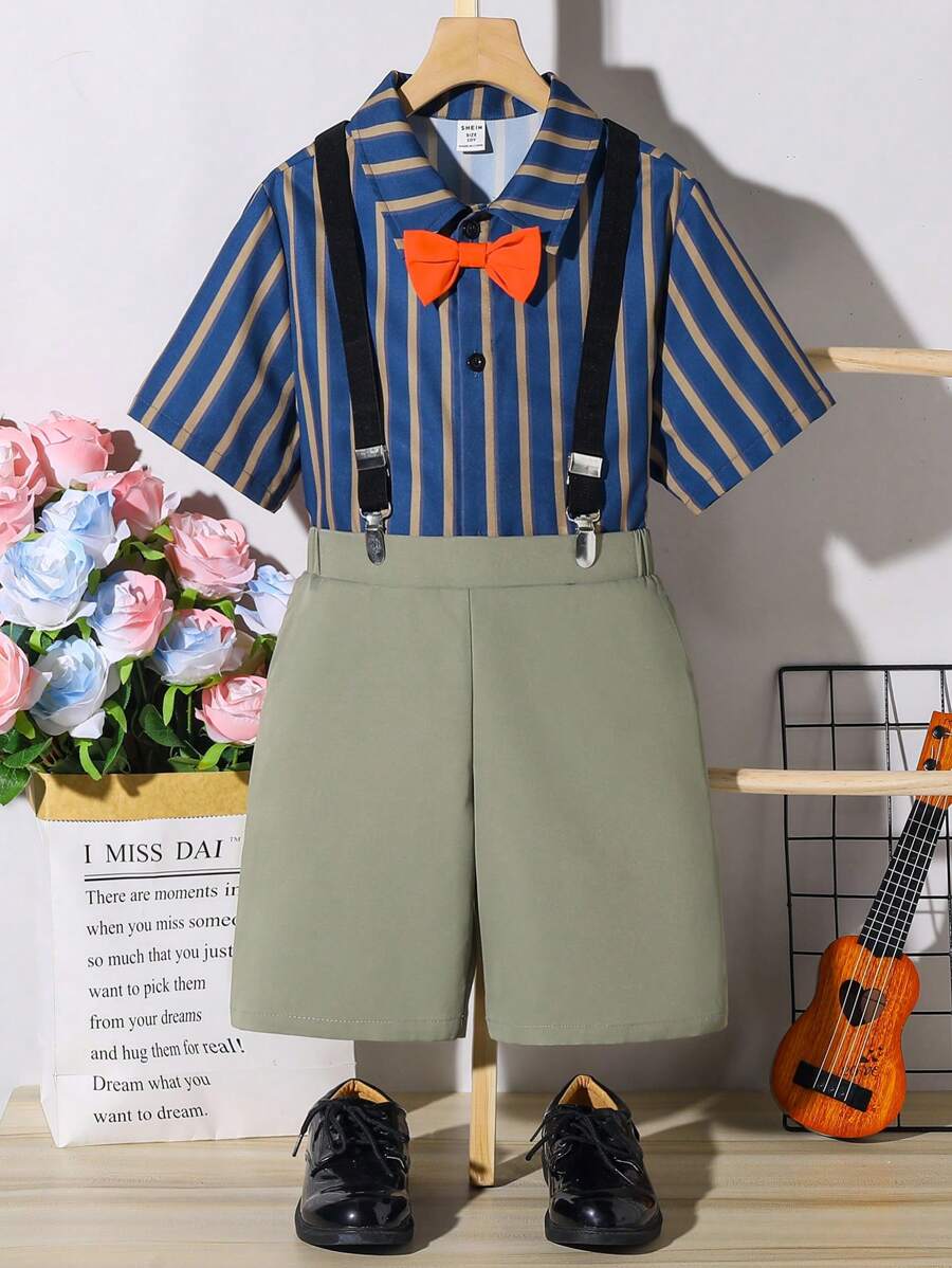 SHEIN Tween Boy Striped Bow Tie Shirt And Suspender Shorts Gentleman 2pcs Outfit