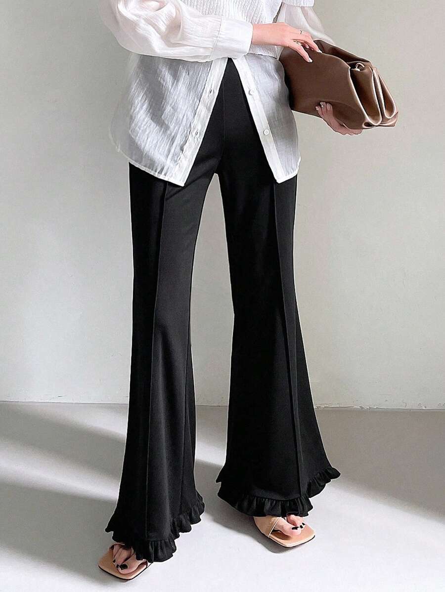 FRIFUL Women's Solid Color Toothpick Slim Fit Flare Pants With Ruffled Hem
