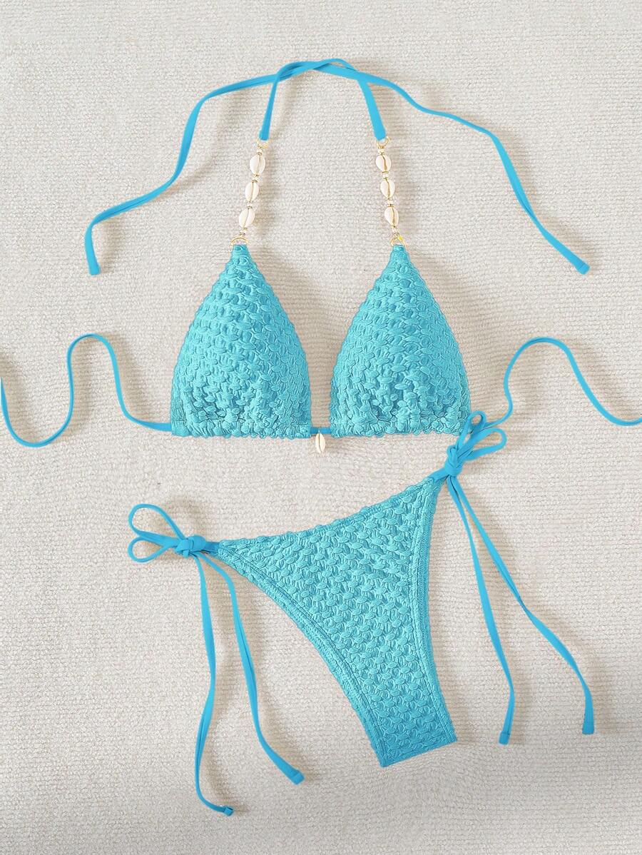SHEIN Swim Summer Beach Women's Textured Halter Neck Bikini Set