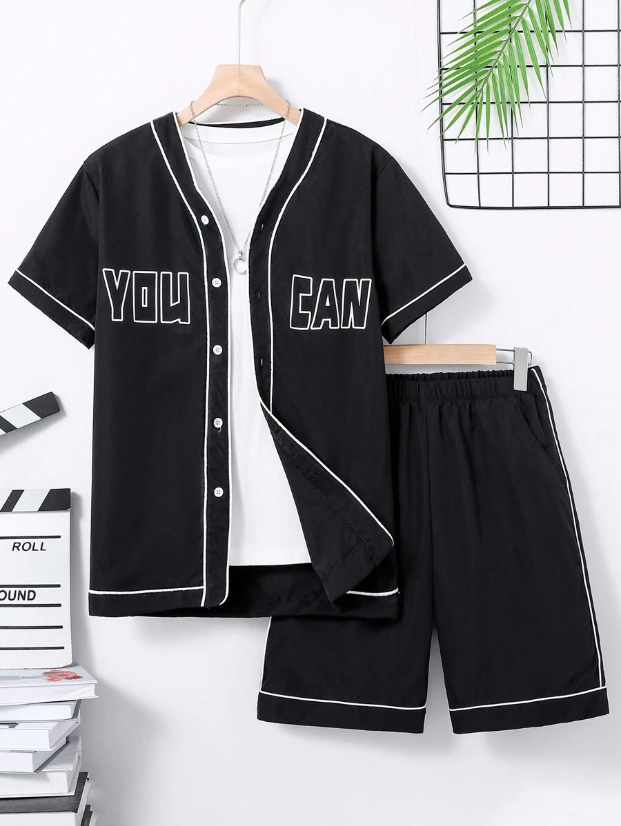 Teenager-jungen Brief Bedrucktes Kurzarm-shirt Und Shorts Set Mit Zwei Teilen