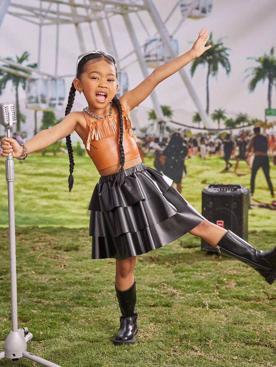 SHEIN Young Girl Music Festival 2pcs/Set Pu Fringe Camisole Top And Pu Skirt Suit, Suitable For Daily Party Performance, Summer