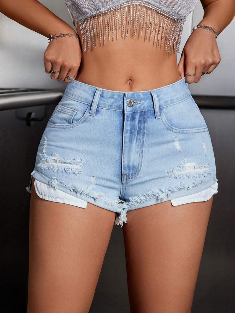 SHEIN ICON Women's Frayed Distressed Washed Denim Shorts
