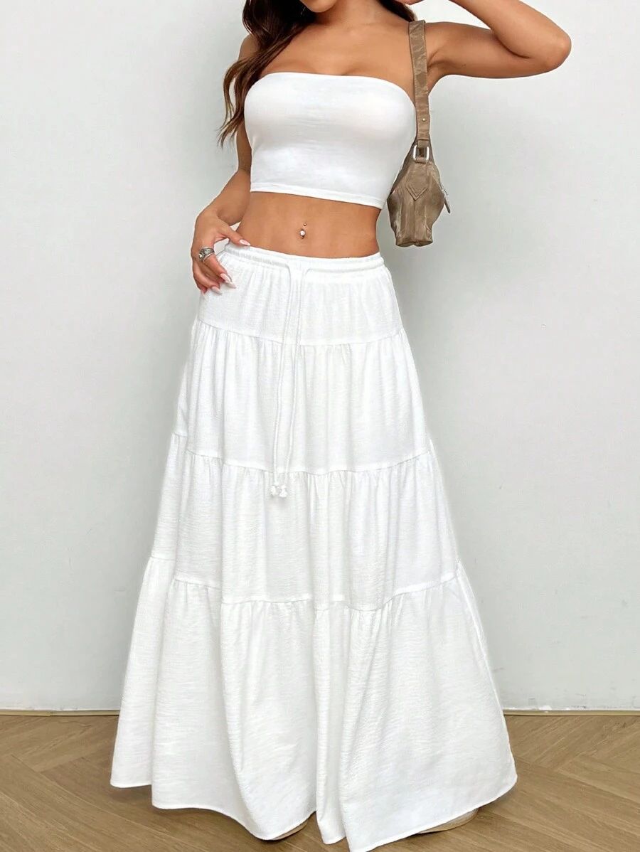 Conjunto de top de bandeau tejido y falda larga ajustada para mujer, con falda blanca de bandeau con volantes, fruncida y con capas, para uso casual diario en primavera/verano