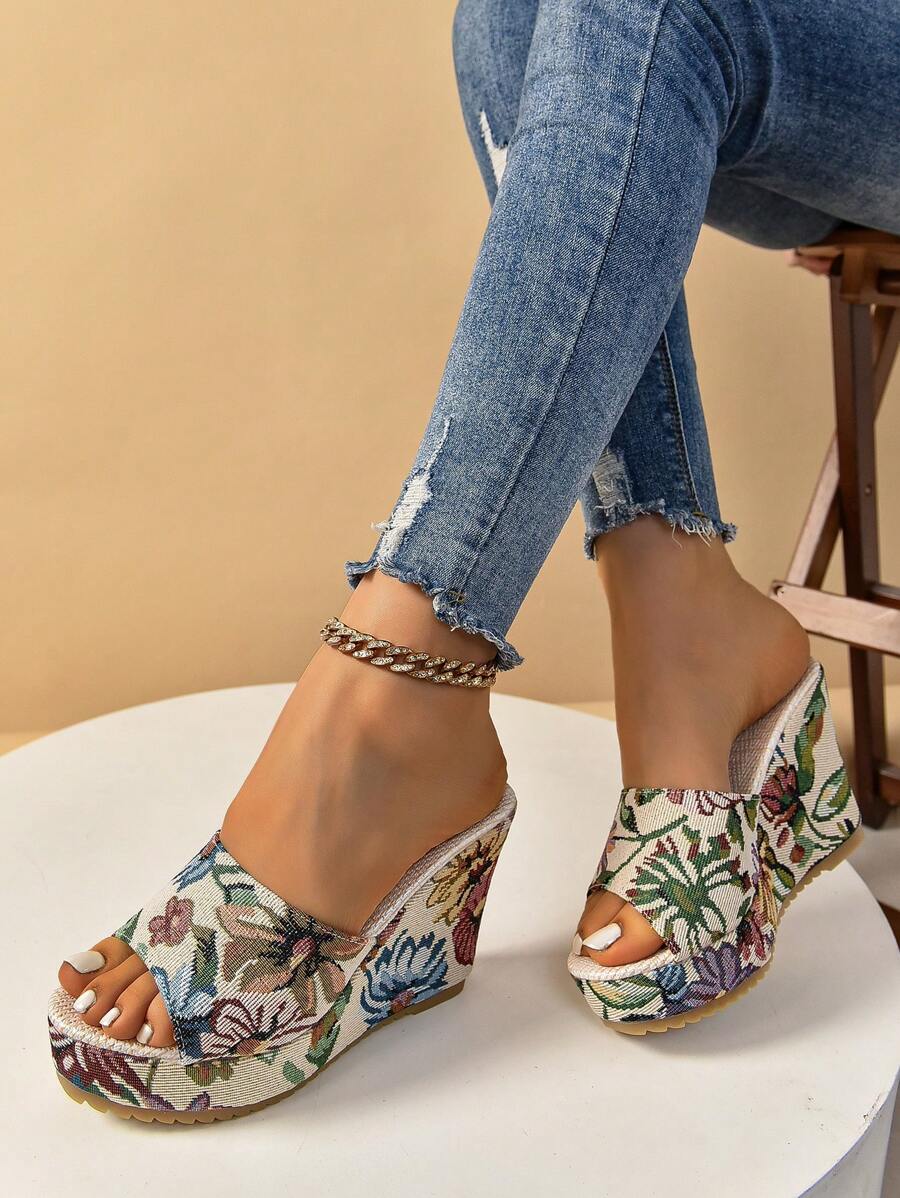 Women's Printed Wedge Platform Sandals, Fashionable Personality Thick Bottom Slope Heel Slippers