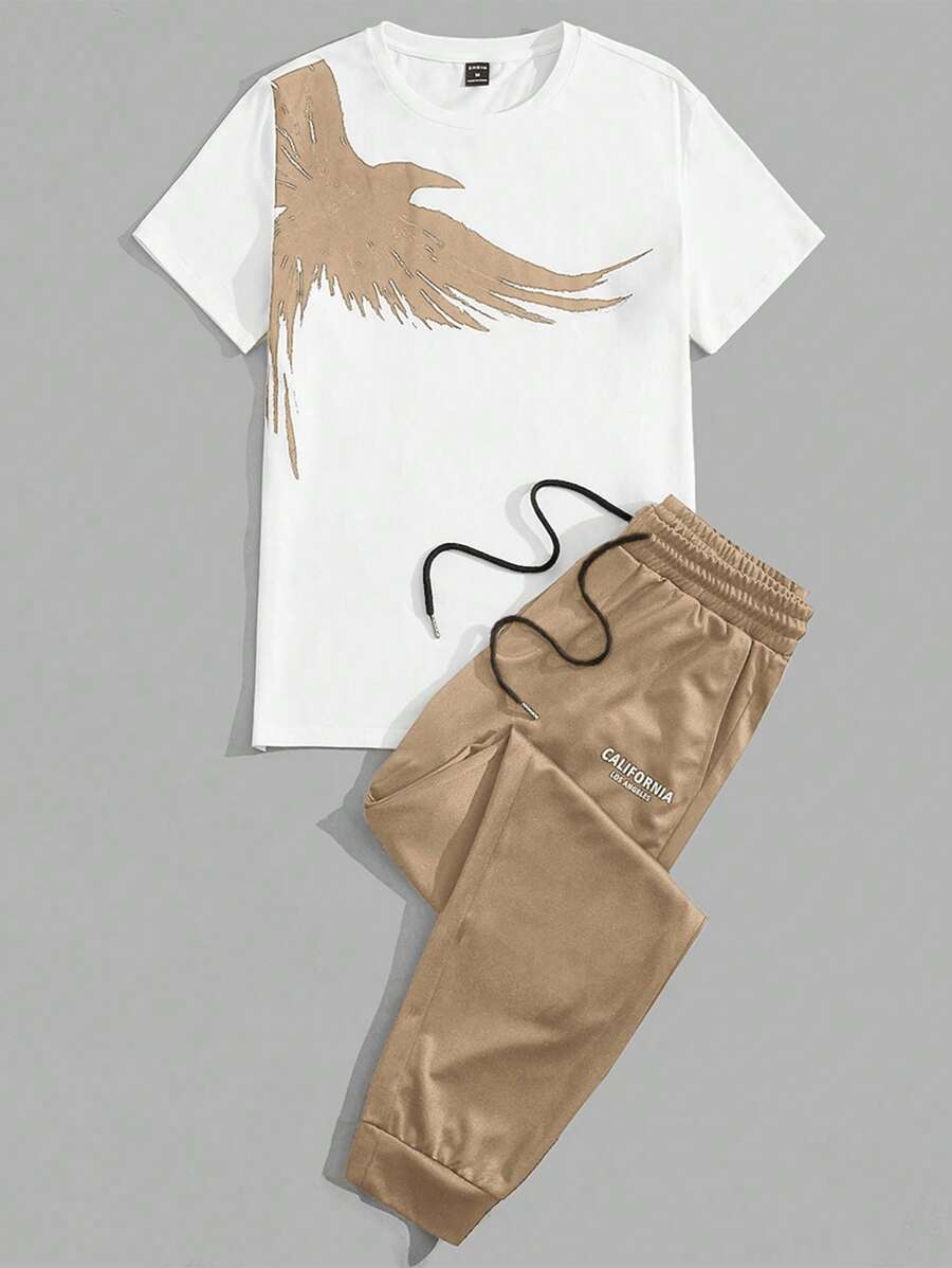 Manfinity VCAY Men's Eagle Printed T-Shirt And Letter Print Long Pants Set