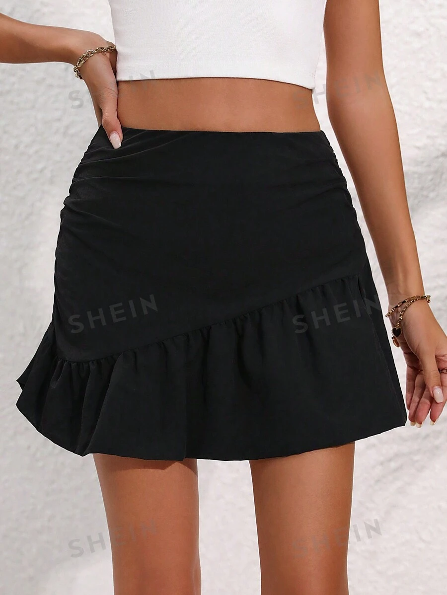 SHEIN Allurite Falda versátil y sencilla para mujer con ribete de volantes en unicolor