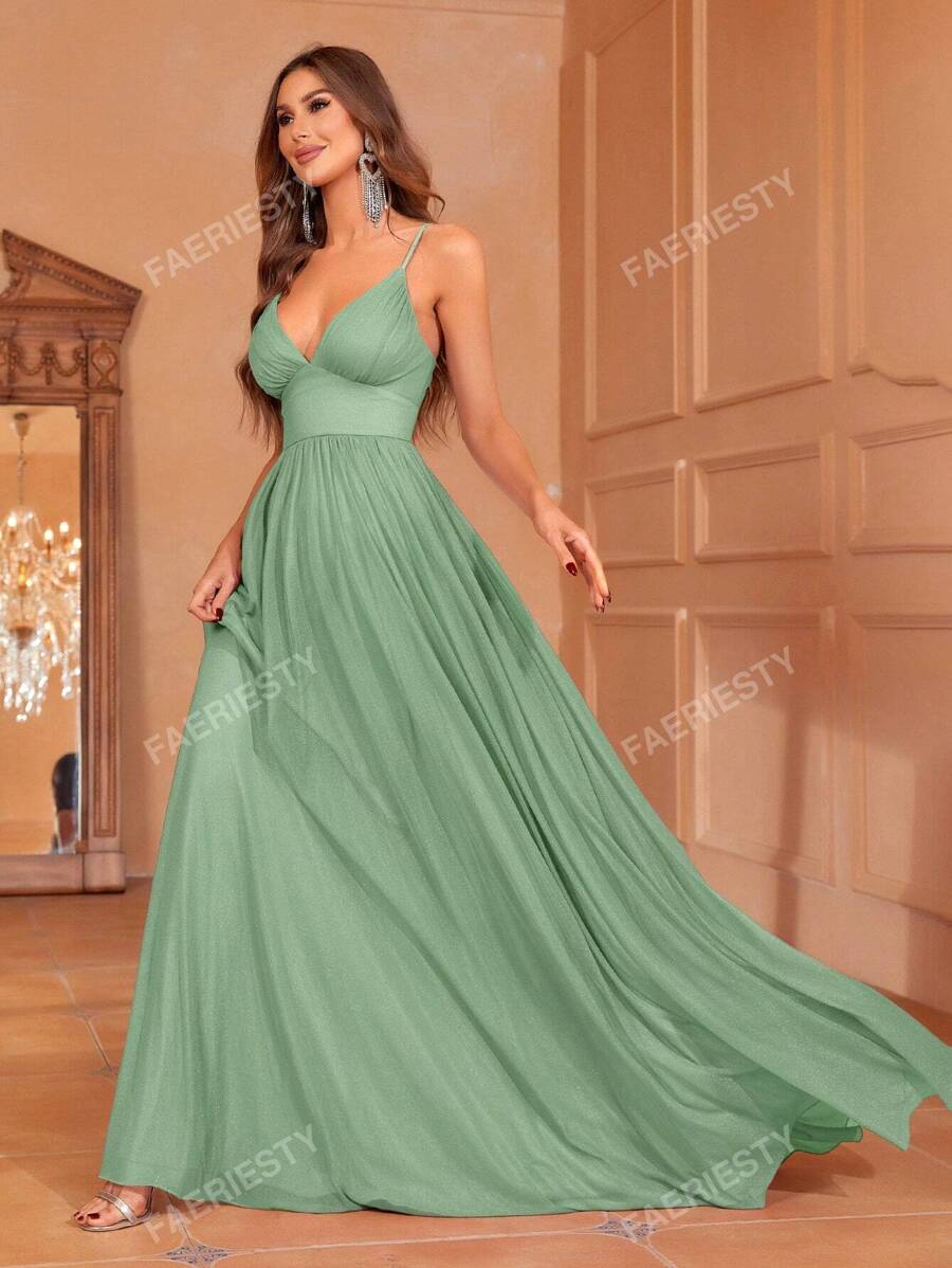 Faeriesty Solid Plunging Neck Sleeveless Cami Dress Elegant Bridesmaid Dress