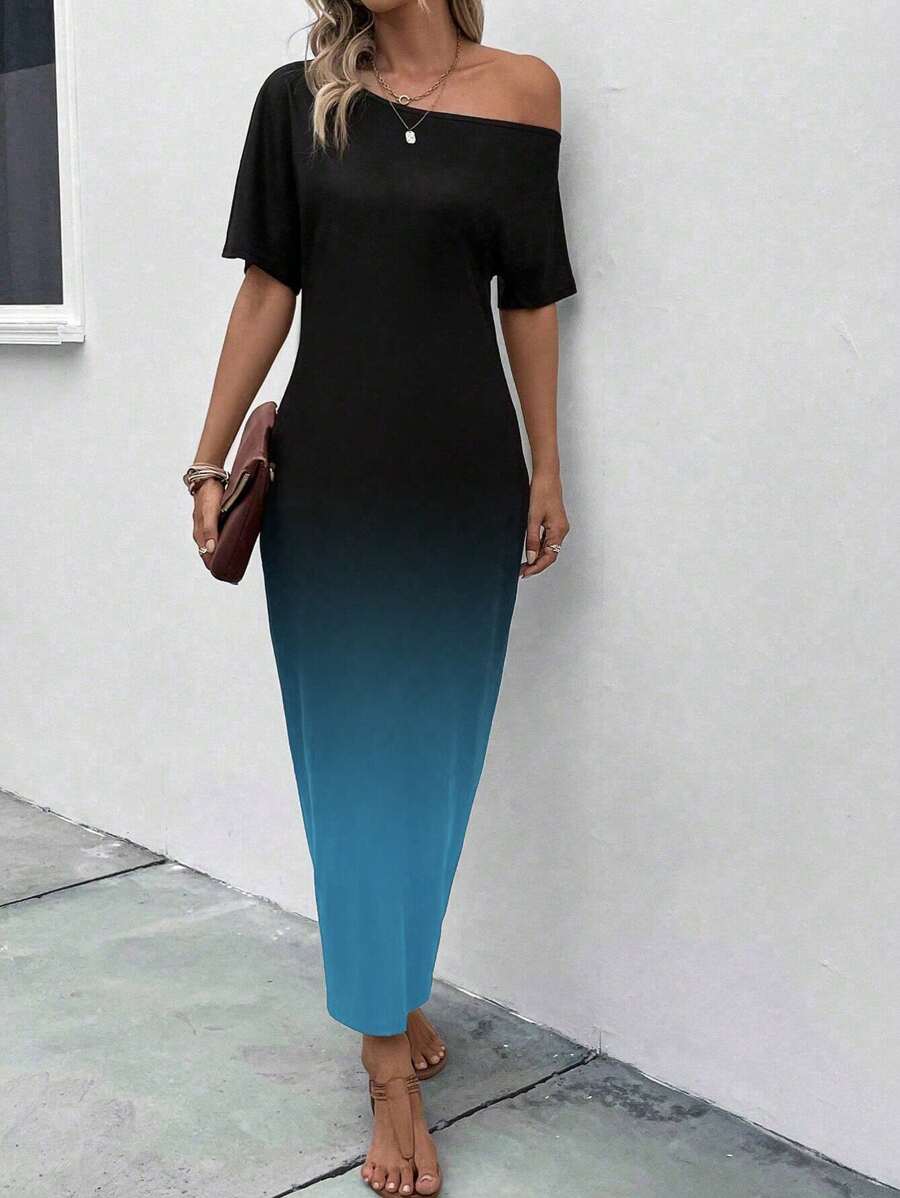 EMERY ROSE Women's Fashion Blue-Black Ombre Short Sleeve Asymmetrical Neck Dress
