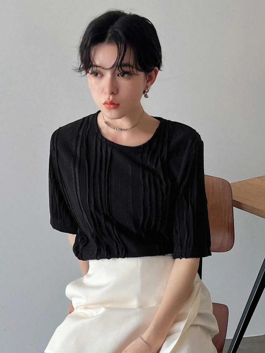 FRIFUL T-shirt à manches courtes texturé de couleur unie pour femmes, Décontracté chic pour femmes