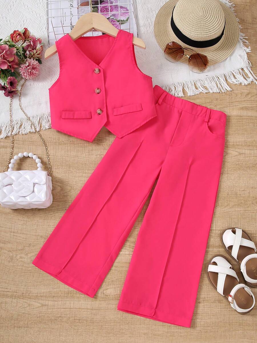 Young Girl Solid Color Single-Breasted Vest And Wide-Leg Jeans Two-Piece Set