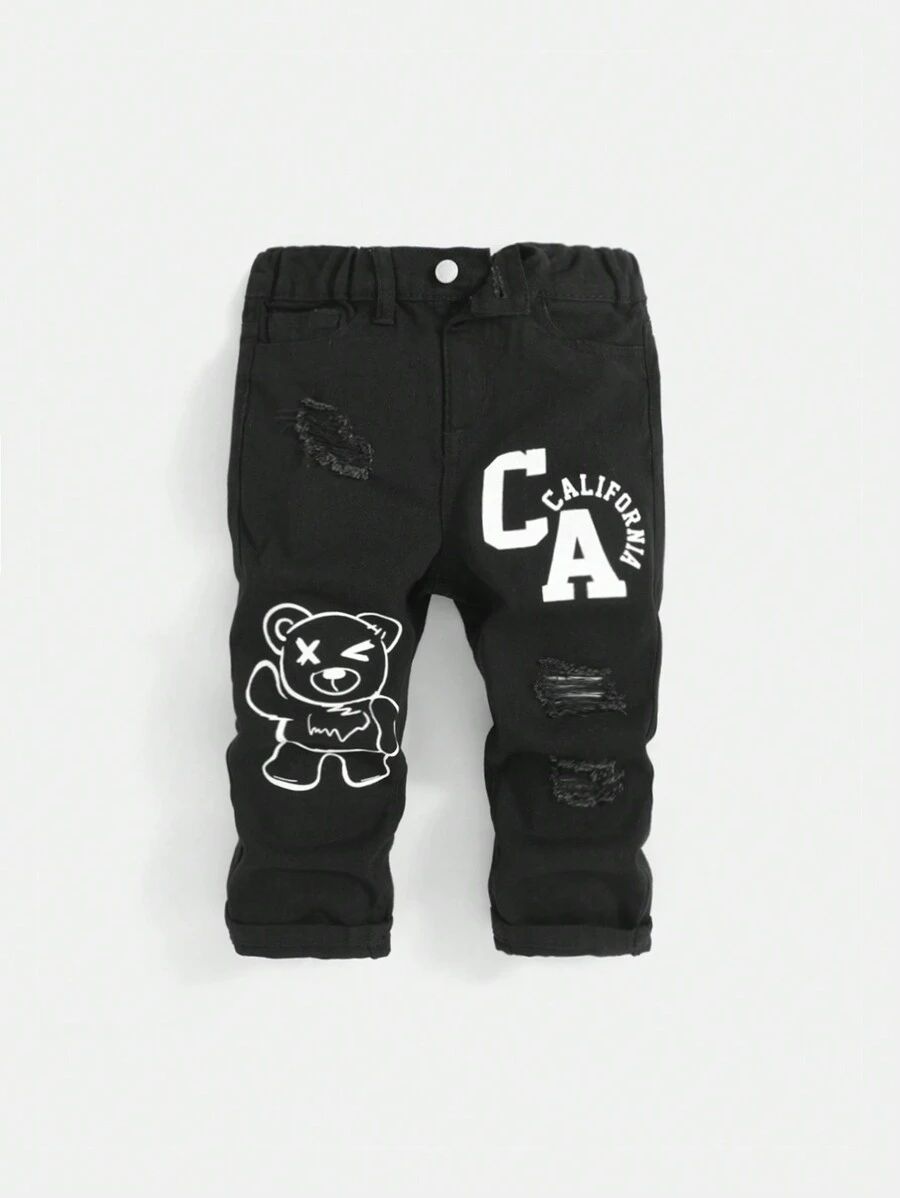 SHEIN Calças Jeans De Verão Lavadas E Destroyed Com Urso E Letras Patentejadas Para Bebês Menino, Roupas De Verão Para Bebê Menino