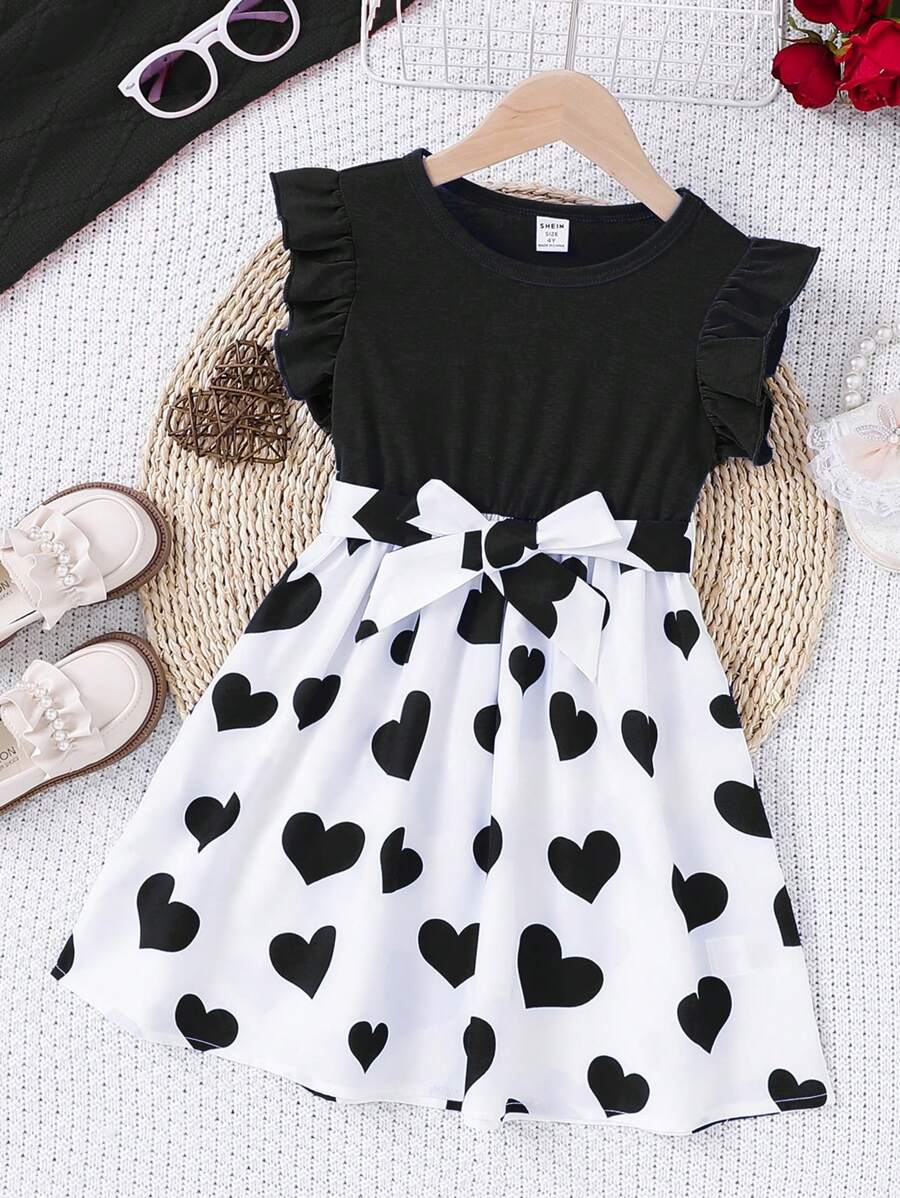 SHEIN Mädchen Herz Bedrucktes Rundhals Rüschenärmel Sommer Kleid