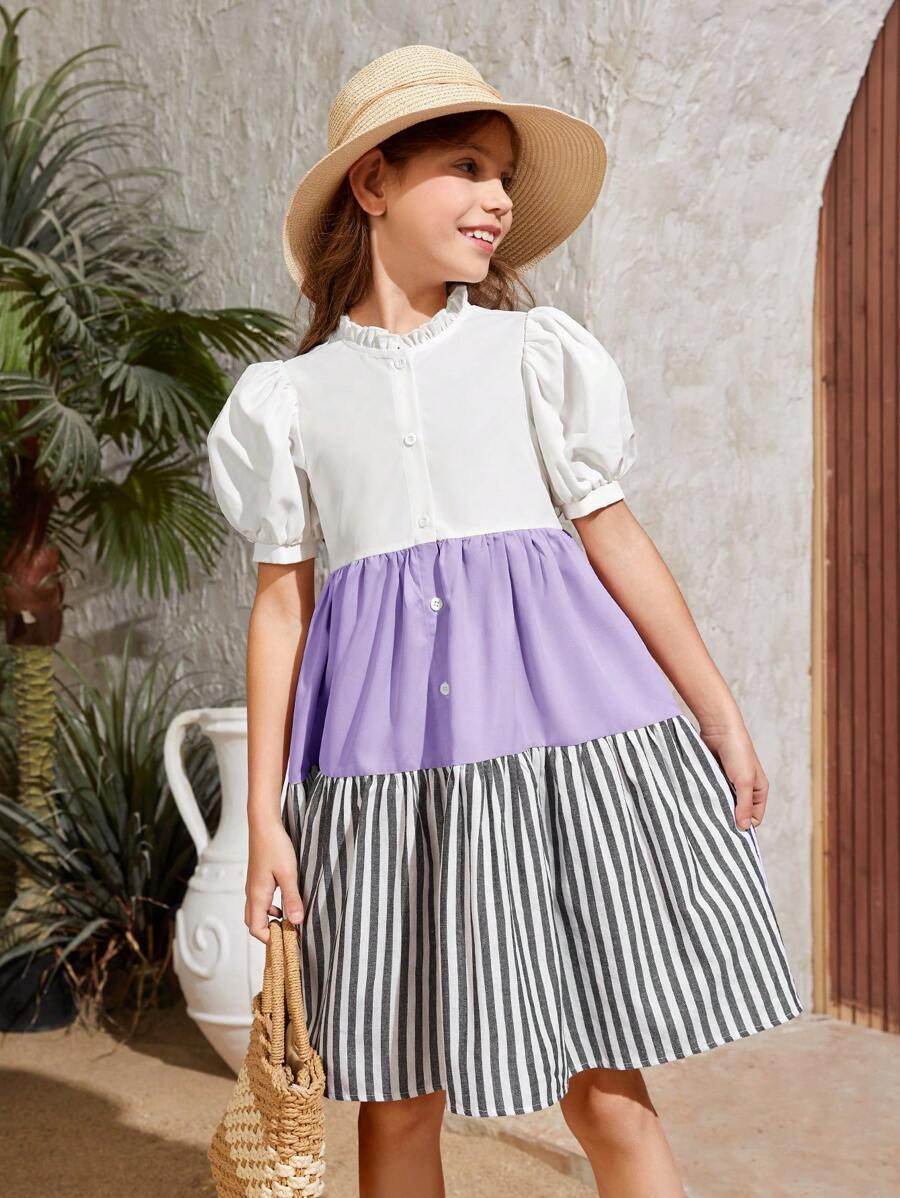 SHEIN Tween Girl Woven Striped Button Detail Vacation Mini Dress
