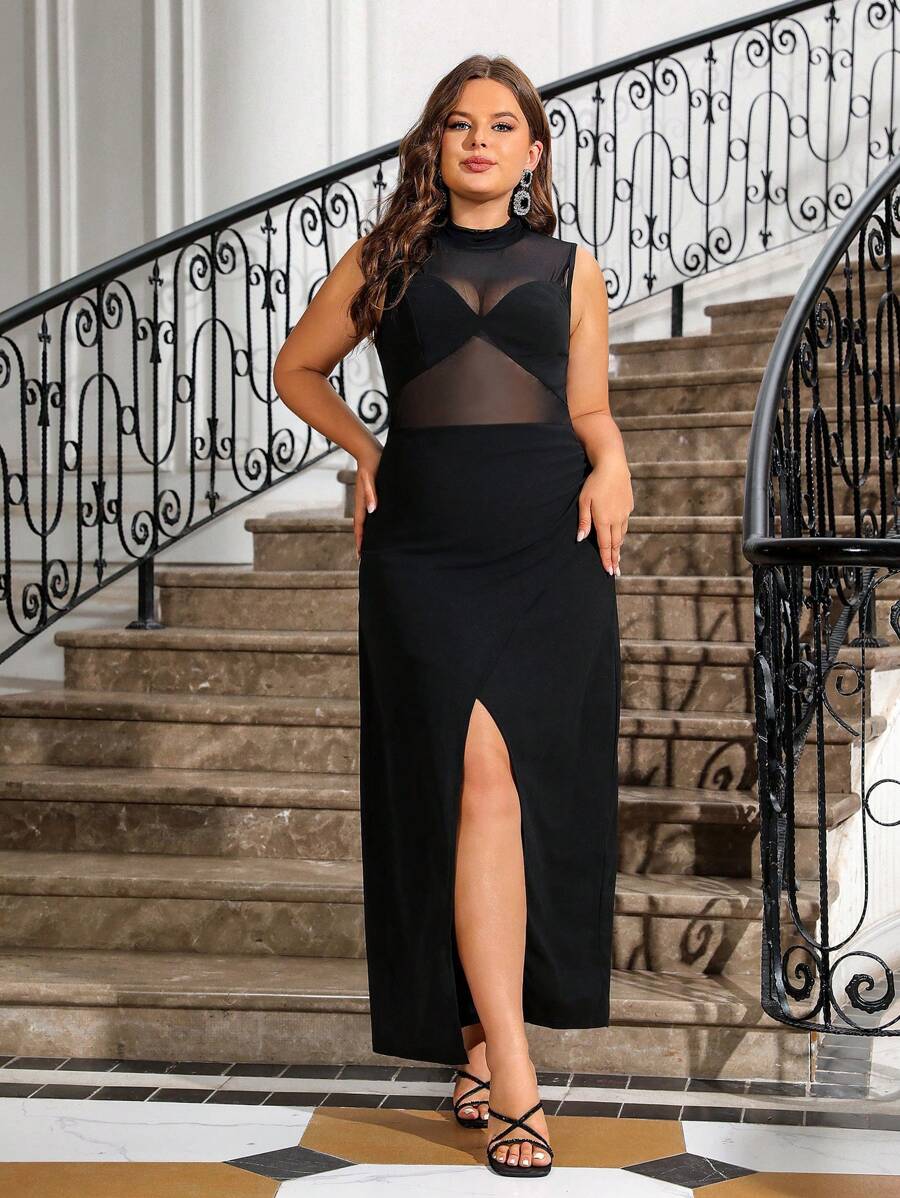 Celure Plus Size Mesh Contrast Zijsplit Mouwloze Jurk