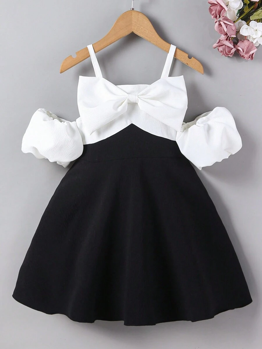 SHEIN Young Girl Cold Shoulder Puff Sleeve Dress With Bow, Black & White Party & Travel & Performance Hostess Dress,Holiday,Summer,Travel