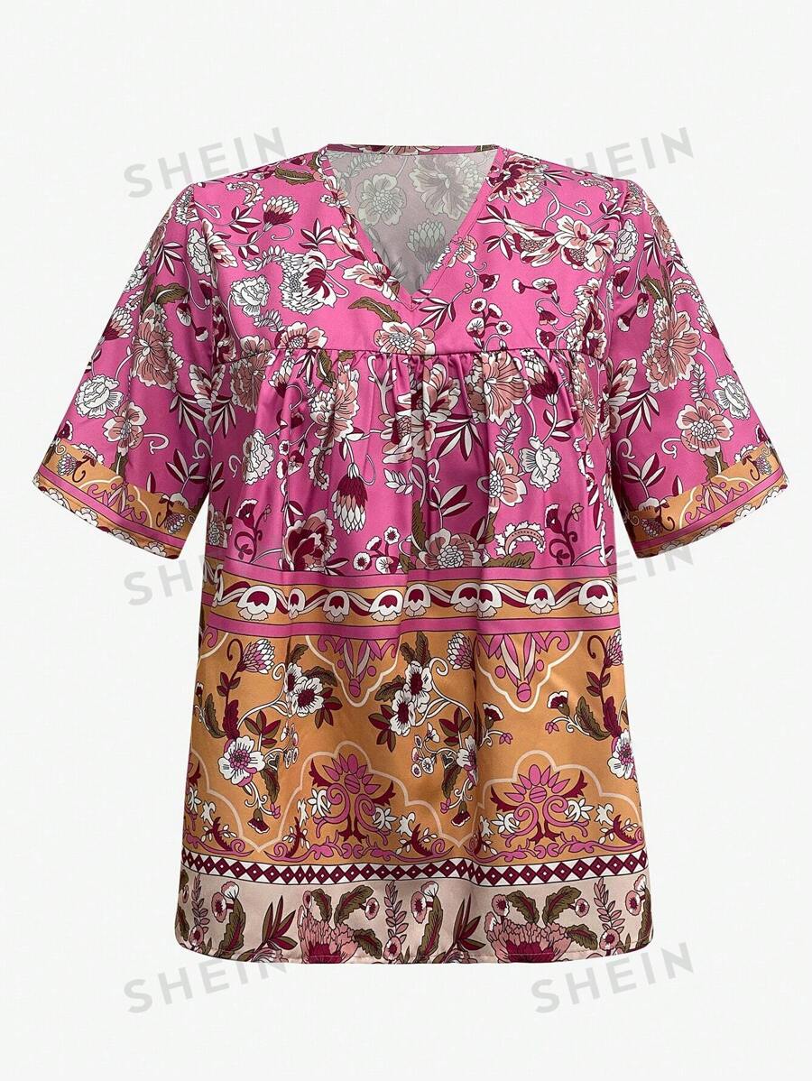 SHEIN LUNE Camiseta De Verano Con Cuello En V De Manga Corta Y Estampado Integral Para Mujer