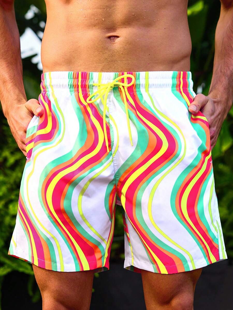Manfinity Men's Wave And Stripe Patterned Beach Vacation Shorts