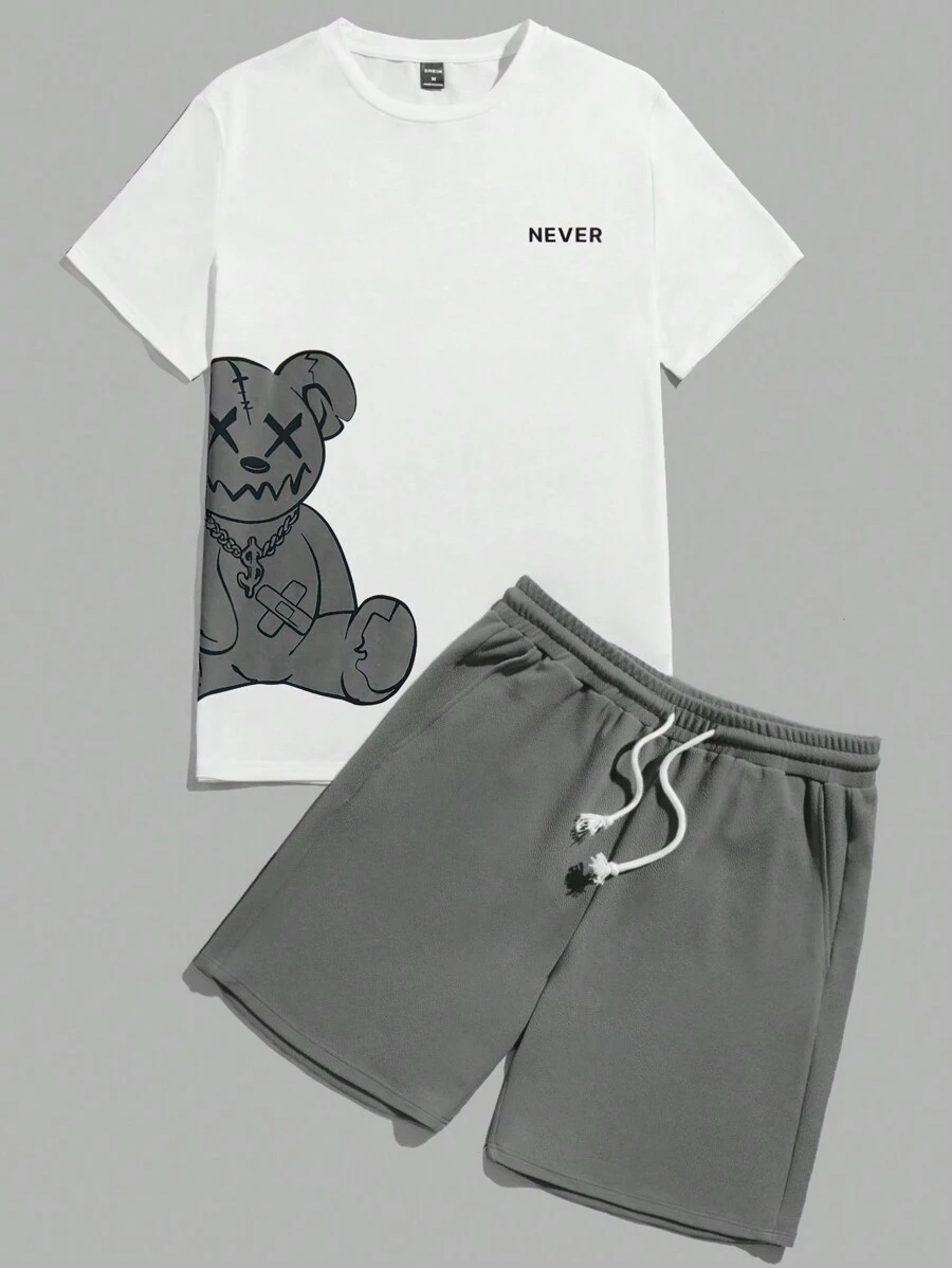 Manfinity VCAY Bear Print T-Shirt And Shorts Knitting Casual Two-Piece Set Summer Outfit