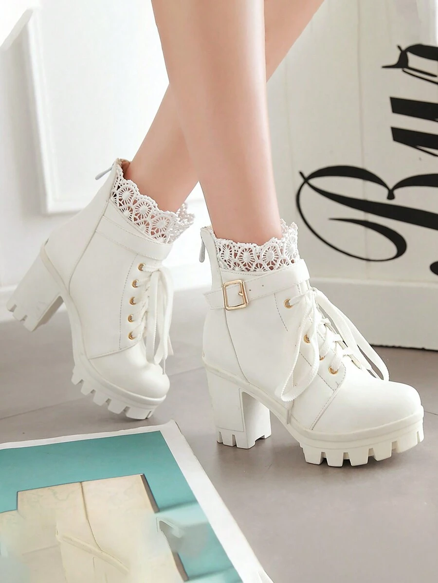 Fashion Match Jacket , Match Any Fall Clothes,White Solid Lace Trim, Buckle Detail Boots With Sweater