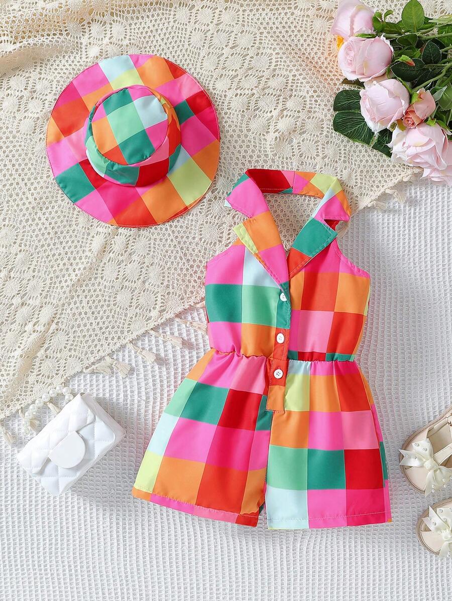 SHEIN Young Girl Colorblock Halter Buttoned Half Placket Jumpsuit And Hat Set For Summer