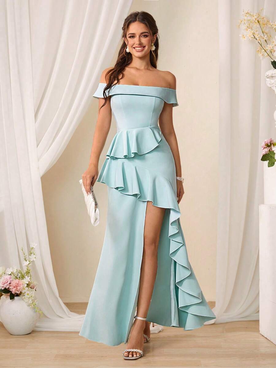 SHEIN Belle Open schouders Versierd Rucheszoom Elegant Bruidsmeisjes Jurk
