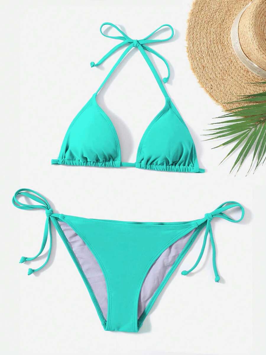 Swim Basics Summer Beach Solid Triangle Tie Side Bikini Set