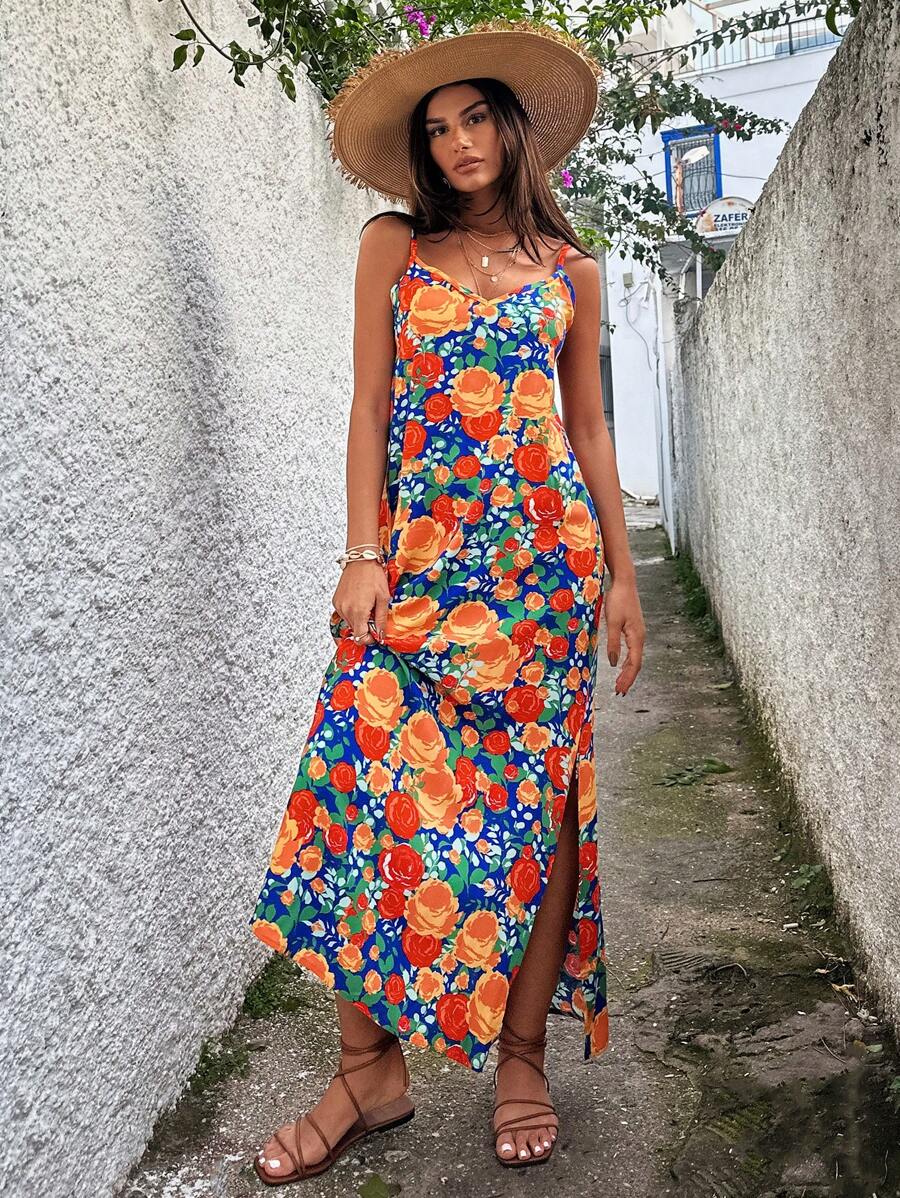 RueChic Multi Kleurvol Bloemen Volledig Geprint , Band , Maxi Viscose Jurken
