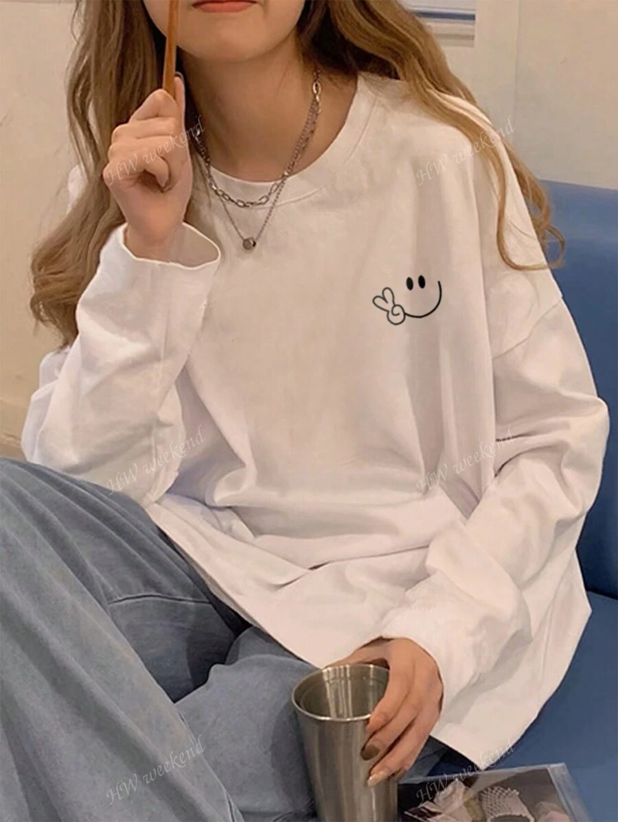 Women Casual Round Neck Smile Face & Letter Print Cotton Long Sleeve T-Shirt, Versatile For Autumn/Winter