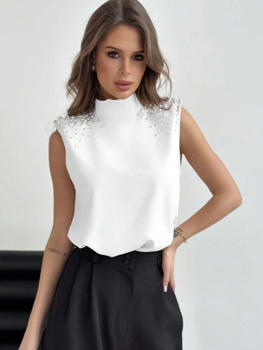 Aloruh Camisa De Cuello Alto Para Mujer Con Hombro Acolchado De Color Sólido Y Decoración De Perlas, Adecuada Para El Verano