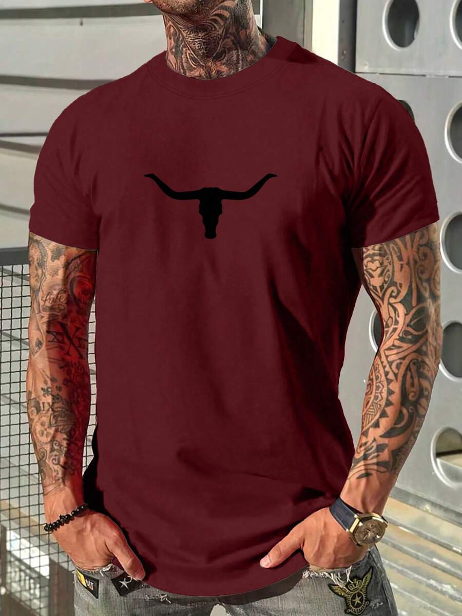 Manfinity Homme Camiseta De Manga Corta Con Estampado De Patrón De Toro Para Hombre