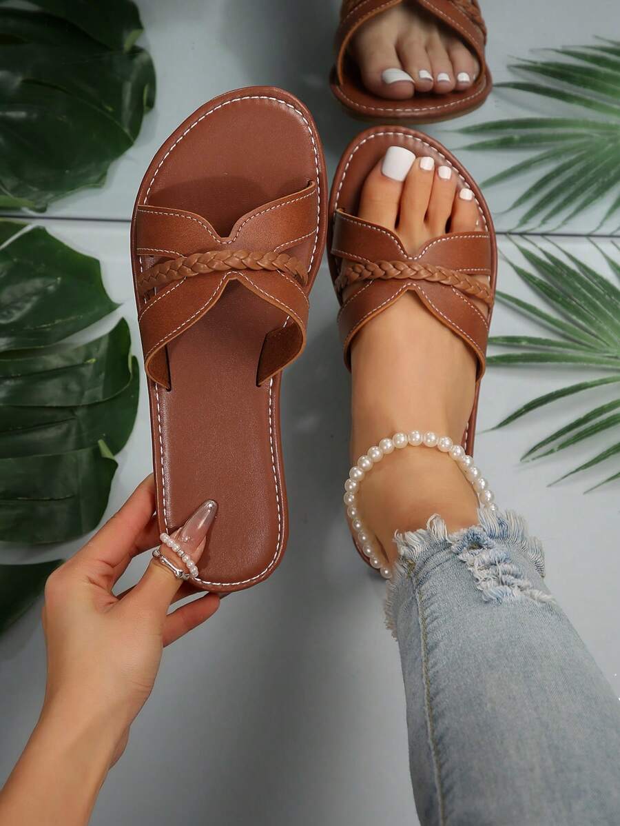 Zomerse comfortabele geweven platte sandalen met bandjes, lichtgewicht, slipvast, ideaal voor buiten of op het strand