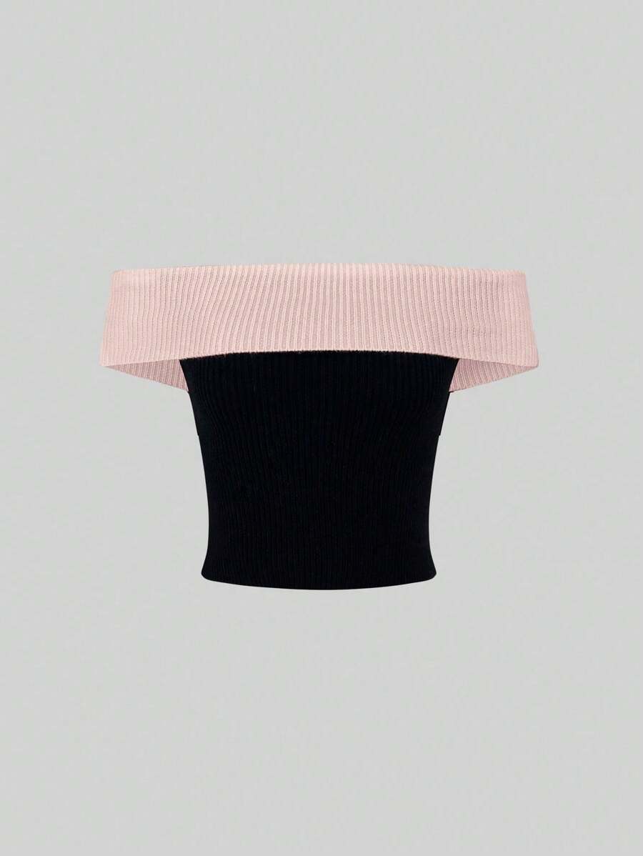 Sweetra Women's Color Block Sexy Slim Fit Knitted Top With An Off Shoulder Neckline, Suitable For Summer