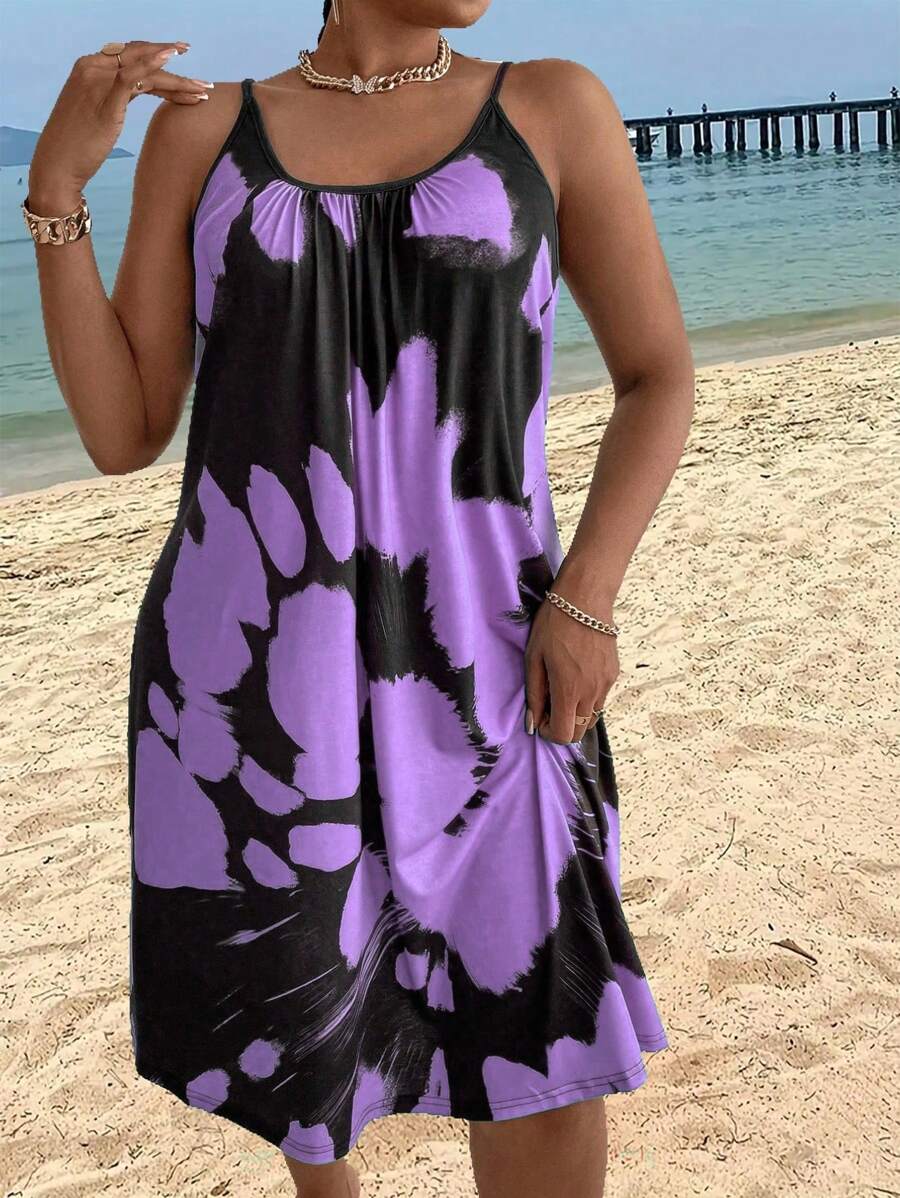 Maweii Plus Size Summer Color Block Spaghetti Strap Dress