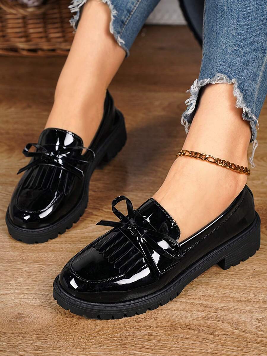 Women's Low-Heel British Style French Fringed Loafers With Bowknot, Thick Heel, Low Vamp, Patent Leather And Thick Sole Valentines
