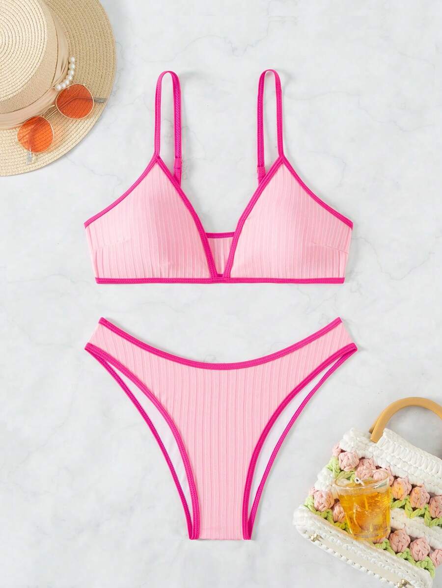 SHEIN Swim Maillot de bain bikini avec bordure contrastée, plage d'été