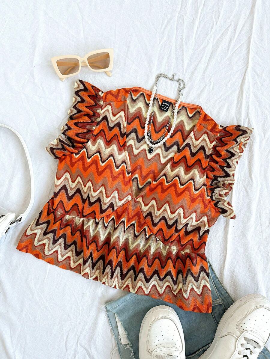 Soleia Hippie Women's Wave Pattern Texture Cap Sleeve Shirt