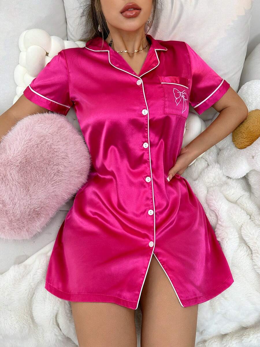 Ladies' Color-Block Printed Chemise Pajama Dress With Lace Trim Luxe Loungewear, Vacation