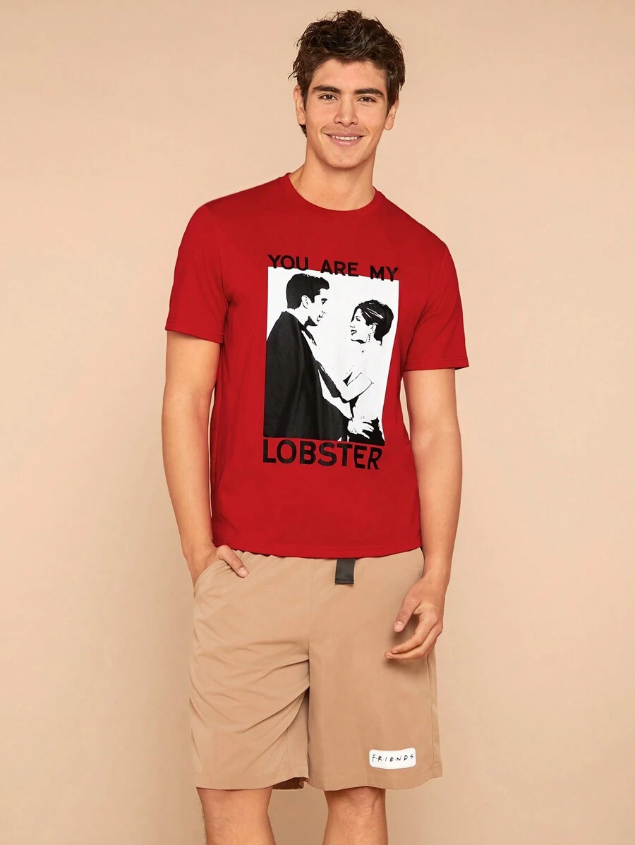 FRIENDS X SHEIN Ensemble t-shirt casual et shorts d'été avec imprimé portrait pour homme