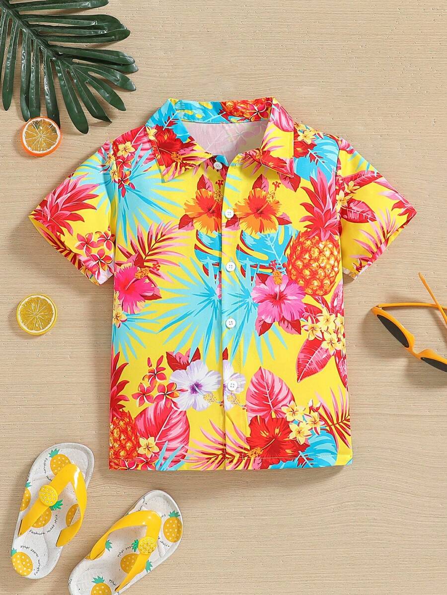 SHEIN Wildeya Camisa con cuello y manga corta con estampado de piñas y flores para chico joven, ideal para vacaciones de verano