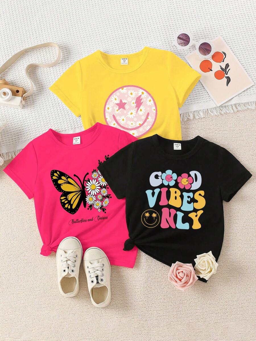 SHEIN GraphicGems Young Girls' Cute Cartoon Letter And Pattern Short Sleeve T-Shirt
