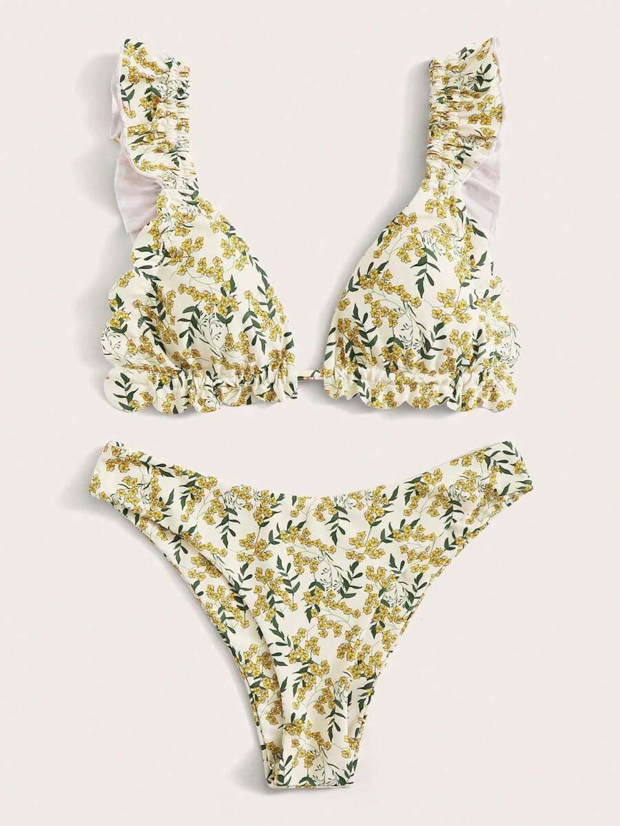 Swim Mod Summer Beach Floral Print Ruffle Trim Bikini Set