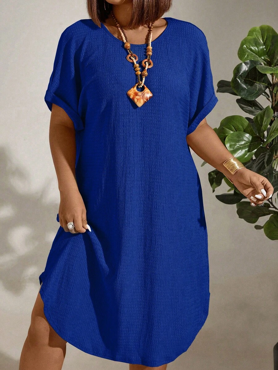 EMERY ROSE Plus Size Women's Solid Color Batwing Short Sleeve Loose Casual Dress With Round Neckline